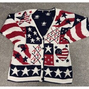 90s Stitches in Time Americana Flag Cardigan Sweater Stars USA Patriotic XL